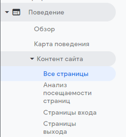 google analytics отчет поведение - контент сайта - все страницы - проверка сайта гугл