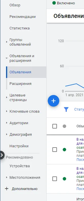 объявления google ads меню